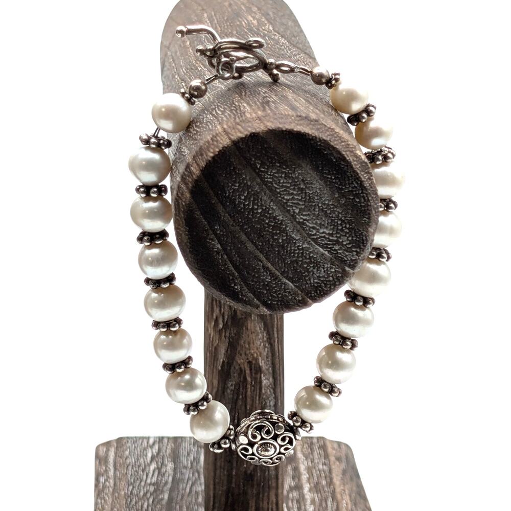 Genuine Freshwater Pearl 925 Sterling Silver Fancy Toggle Clasp Bracelet